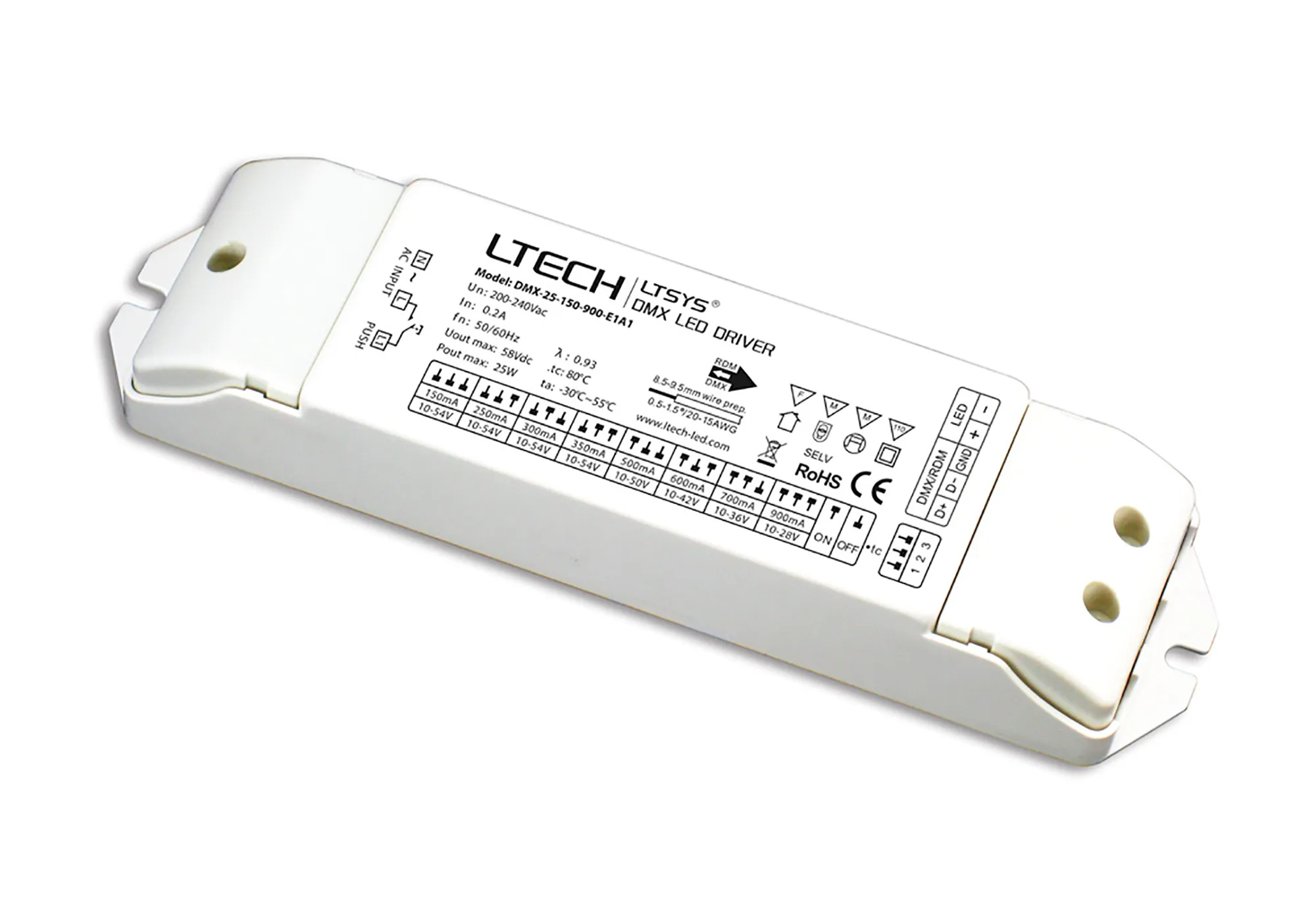 DMX-25-150-900-E1A1  Push Dim PWM 1.5-25W Current Dimmable Driver DC:10-54V